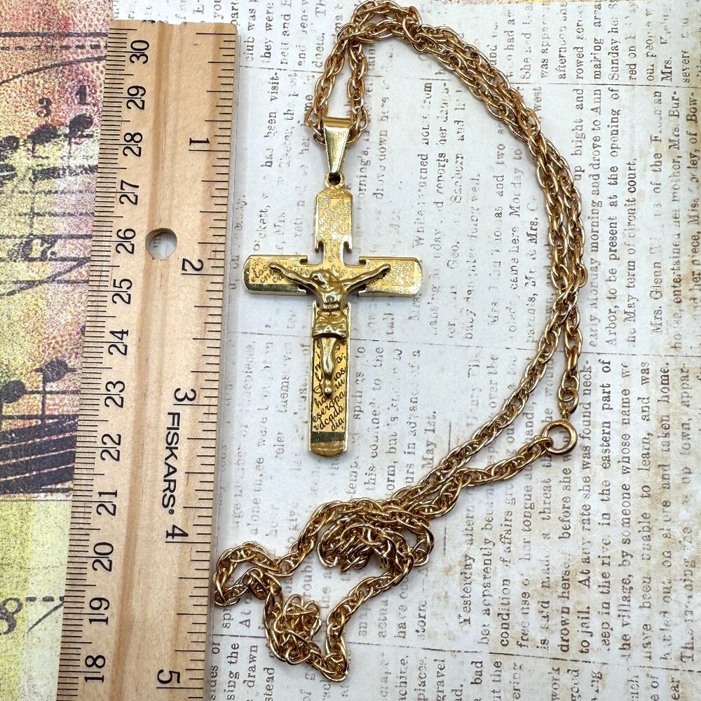 Large Stainless Steel Yellow Gold Spanish Crucifix Cross Pendant Necklace - Picture 2 of 8